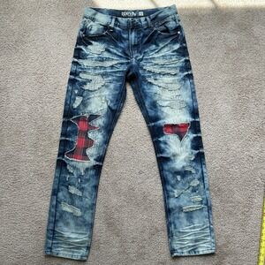 Born Fly Men's Distressed Patchwork Jeans Size 32 | RN 138140 | Red Plaid Detail